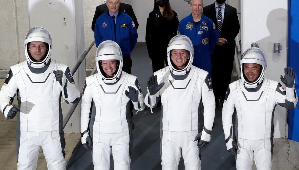 FILE - From front left, European Space Agency astronaut Thomas Pesquet, NASA astronaut Megan...