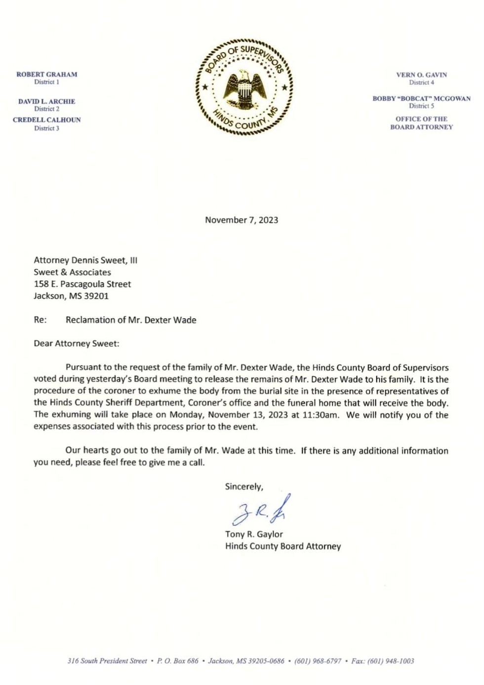 Letter shows exhumation would take place at 11:30 a.m.