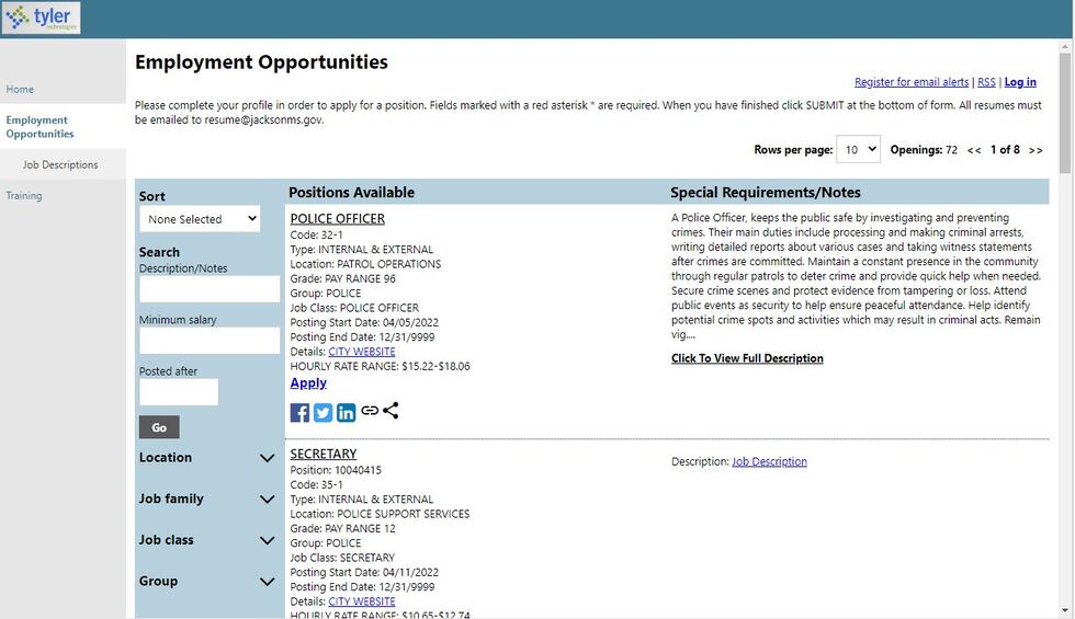 The city's website listed 72 job openings on Thursday, including 22 in public works roles.