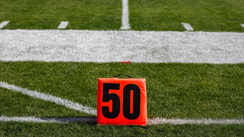 A detail of a the 50-yard line marker prior to the 108th Rose Bowl NCAA college football game...