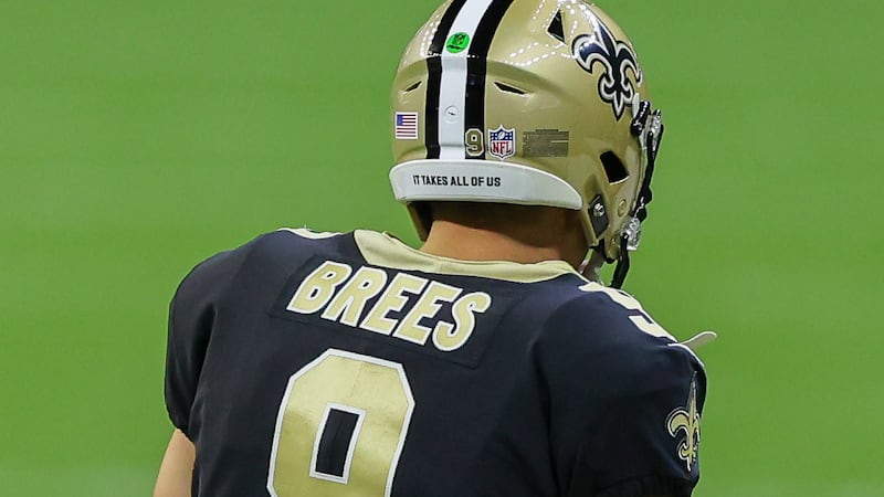 Sep 13, 2020; New Orleans, Louisiana, USA; A detail of an inscription on the helmet of New...