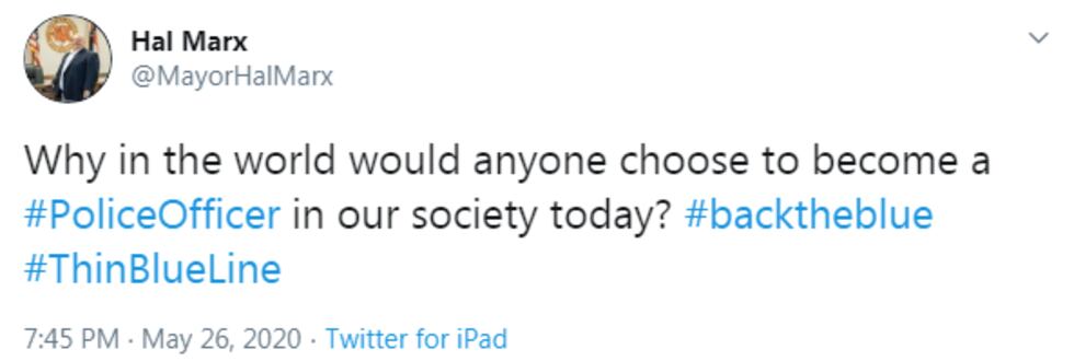 Hal Marx tweet from Tuesday night.