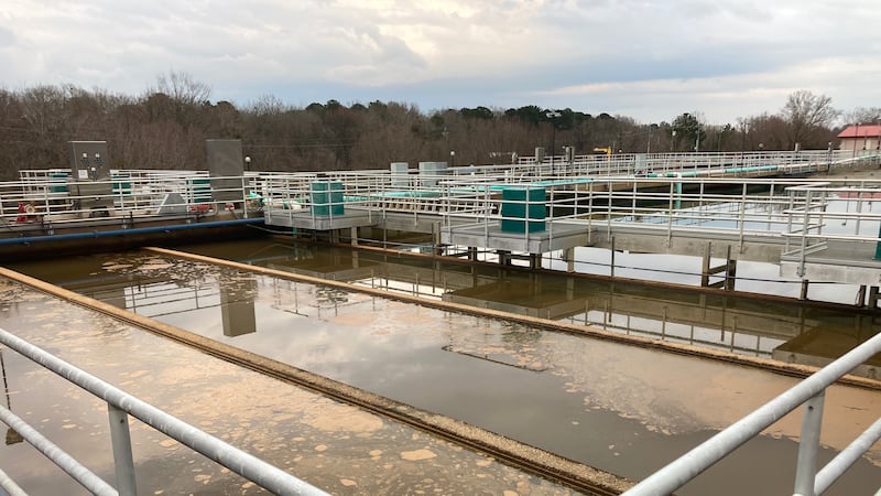 Water is allowed to settle at the Curtis plant's coventional basin, before it is chemically...